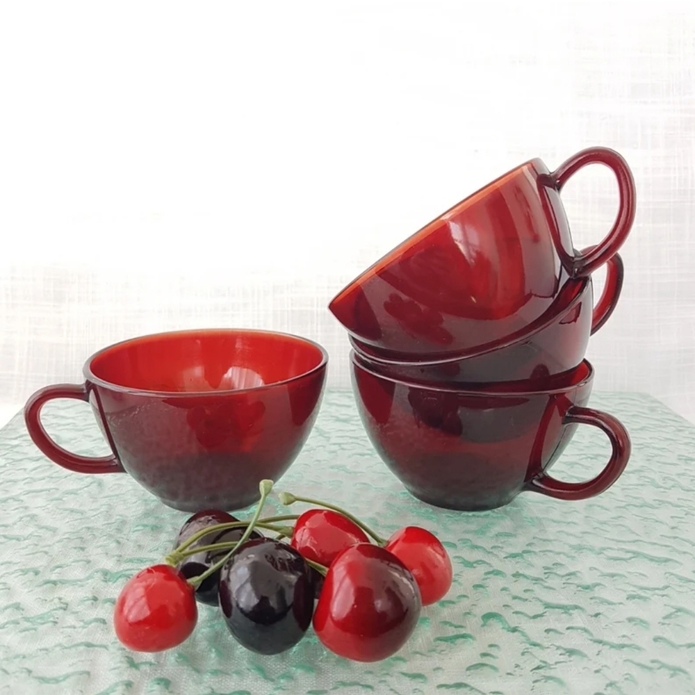 Anchor Hocking ROYAL RUBY Glass Tea Cups, NO Saucers, Punch Cups, Set of 4